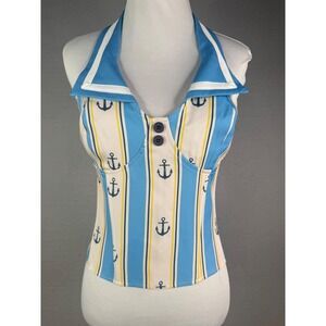 Musera Halter Top Women Size L Blue Nautical Anchor Print Lace Up Corset Sailor